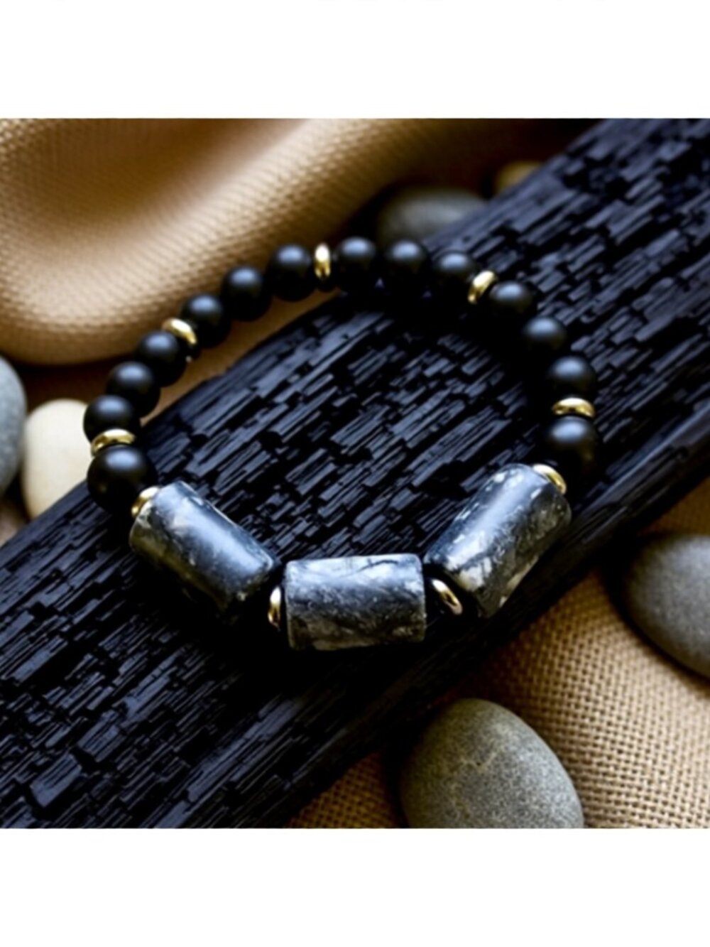 Men’s Heavyweight Black & Gray Jasper Barrel Bracelet | Rugged Stone Wristwear